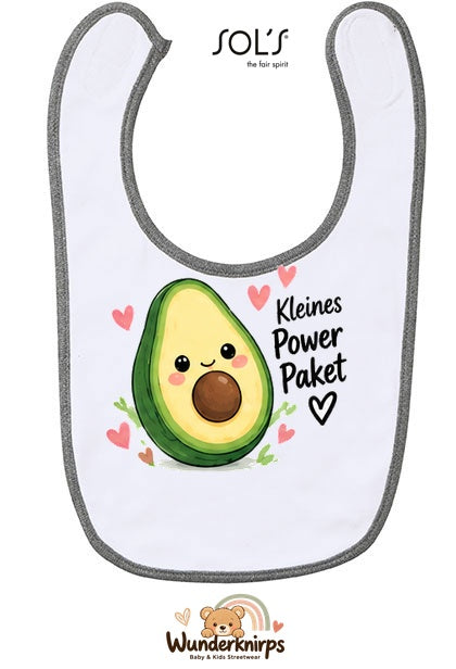 Baby-Lätzchen SOL’S Babib in Weiß / Grau meliert mit Motiv Kleines Powerpaket – Avocado