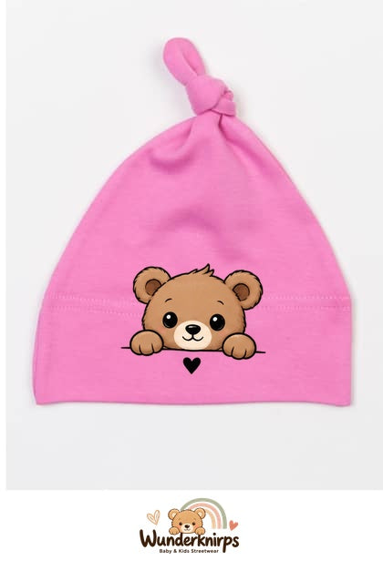 Knotenmütze Babybugz BZ15 in Bubblegum-Pink mit Motiv Bär mit Herz