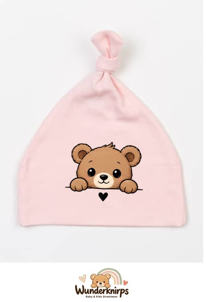 Knotenmütze Babybugz BZ15 in Pastellrosa mit Motiv Bär mit Herz