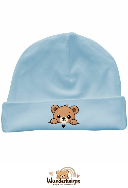 Umschlagmütze Rox-01 in Pastellblau mit Motiv Bär mit Herz