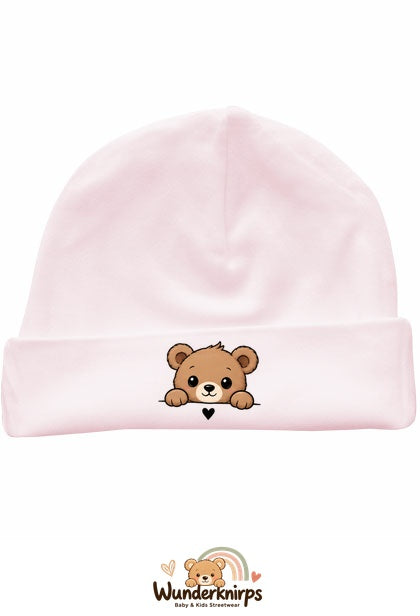 Umschlagmütze Rox-01 in Pastellrosa mit Motiv Bär mit Herz