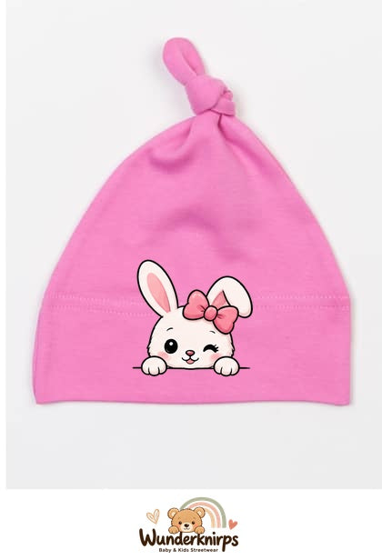 Knotenmütze Babybugz BZ15 in Bubblegum-Pink mit Motiv Hase mit rosa Schleife