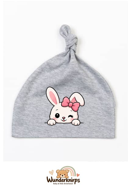 Knotenmütze Babybugz BZ15 in Grau meliert mit Motiv Hase mit rosa Schleife