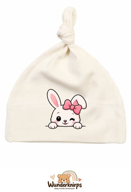 Knotenmütze Babybugz BZ15 in Natur mit Motiv Hase mit rosa Schleife