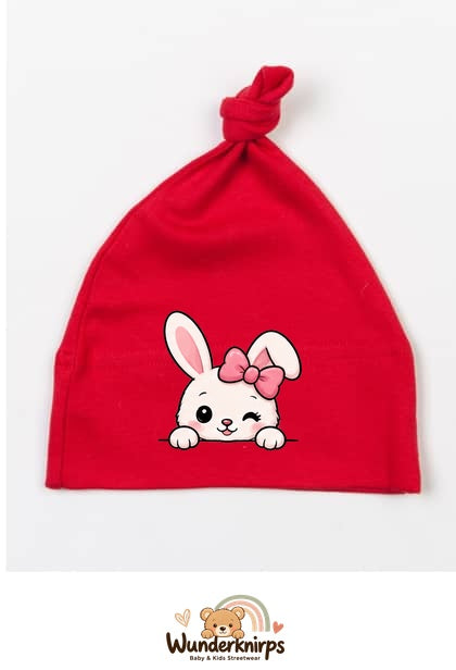Knotenmütze Babybugz BZ15 in Rot mit Motiv Hase mit rosa Schleife