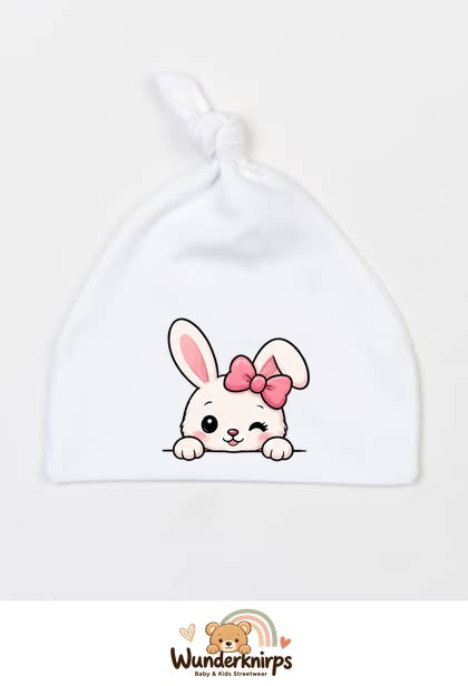 Knotenmütze Babybugz BZ15 in Weiß mit Motiv Hase mit rosa Schleife
