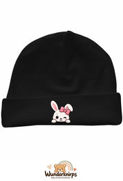 Umschlagmütze Rox-01 in Schwarz mit Motiv Hase mit rosa Schleife