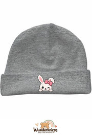 Umschlagmütze Rox-01 in Grau meliert mit Motiv Hase mit rosa Schleife