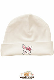 Umschlagmütze Rox-01 in Natur mit Motiv Hase mit rosa Schleife