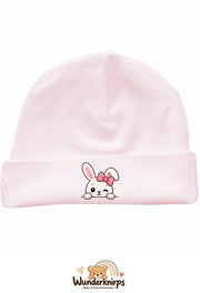 Umschlagmütze Rox-01 in Pastellrosa mit Motiv Hase mit rosa Schleife