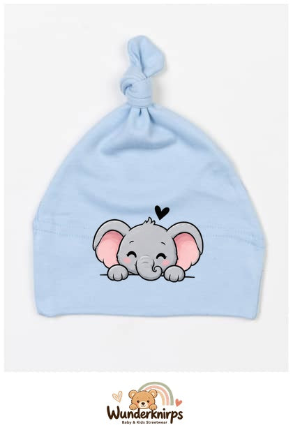 Knotenmütze Babybugz BZ15 in Staubblau mit Motiv Elefant mit Herz