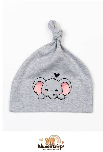 Knotenmütze Babybugz BZ15 in Grau meliert mit Motiv Elefant mit Herz