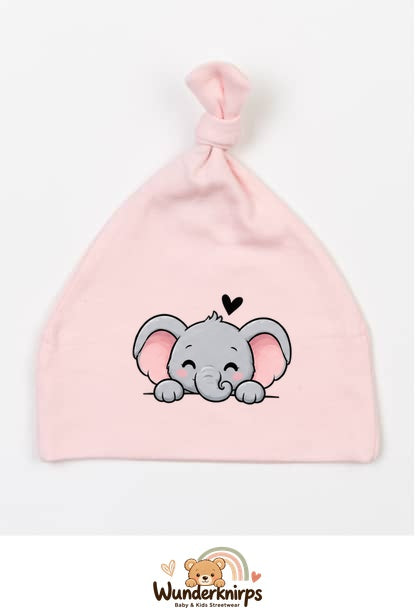 Knotenmütze Babybugz BZ15 in Pastellrosa mit Motiv Elefant mit Herz