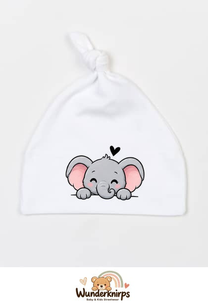 Knotenmütze Babybugz BZ15 in Weiß mit Motiv Elefant mit Herz