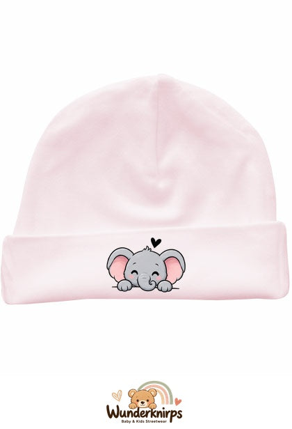 Umschlagmütze Rox-01 in Pastellrosa mit Motiv Elefant mit Herz