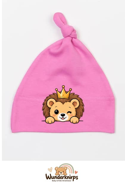 Knotenmütze Babybugz BZ15 in Bubblegum-Pink mit Motiv Löwe mit Krone