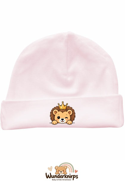 Umschlagmütze Rox-01 in Pastellrosa mit Motiv Löwe mit Krone