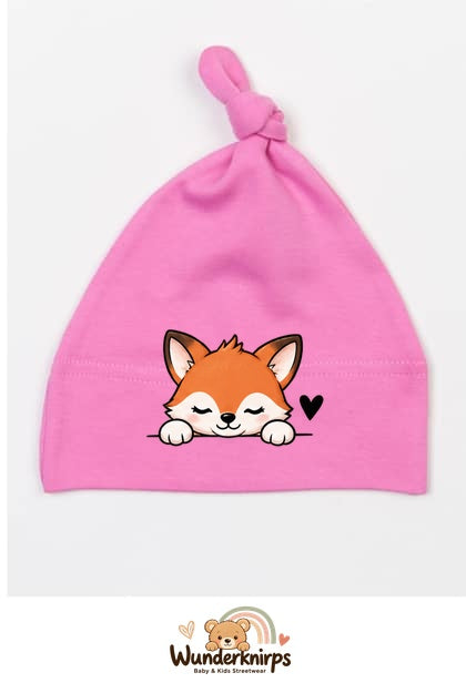 Knotenmütze Babybugz BZ15 in Bubblegum-Pink mit Motiv Fuchs mit Herz