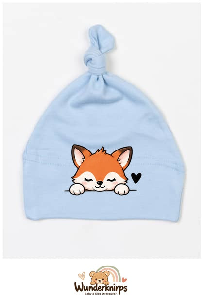 Knotenmütze Babybugz BZ15 in Staubblau mit Motiv Fuchs mit Herz