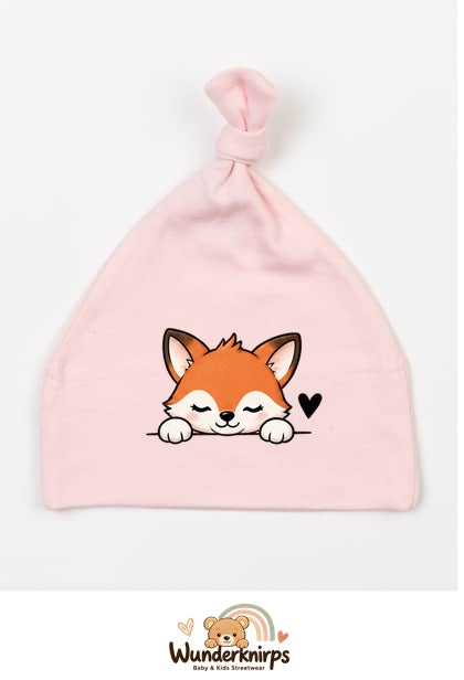 Knotenmütze Babybugz BZ15 in Pastellrosa mit Motiv Fuchs mit Herz