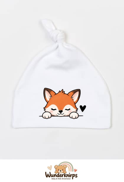 Knotenmütze Babybugz BZ15 in Weiß mit Motiv Fuchs mit Herz