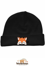 Umschlagmütze Rox-01 in Schwarz mit Motiv Fuchs mit Herz