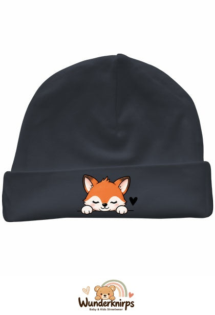 Umschlagmütze Rox-01 in Anthrazit mit Motiv Fuchs mit Herz