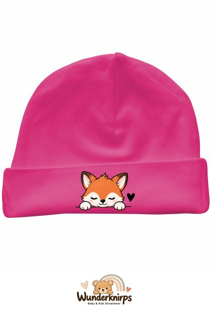 Umschlagmütze Rox-01 in Pink mit Motiv Fuchs mit Herz