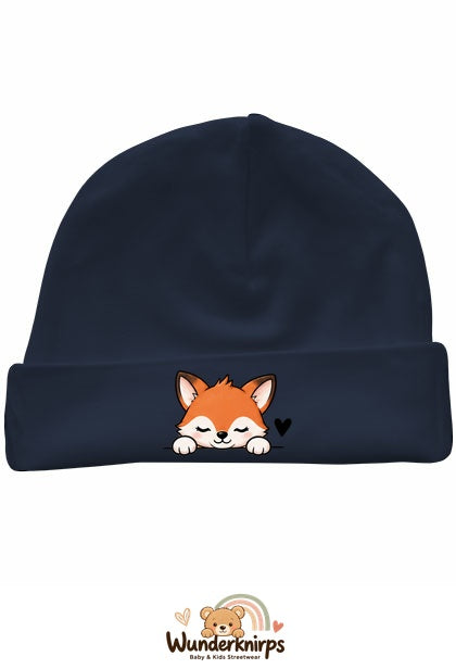 Umschlagmütze Rox-01 in Marineblau mit Motiv Fuchs mit Herz