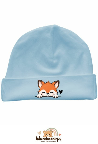 Umschlagmütze Rox-01 in Pastellblau mit Motiv Fuchs mit Herz