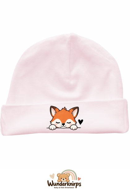 Umschlagmütze Rox-01 in Pastellrosa mit Motiv Fuchs mit Herz