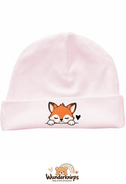 Umschlagmütze Rox-01 in Pastellrosa mit Motiv Fuchs mit Herz