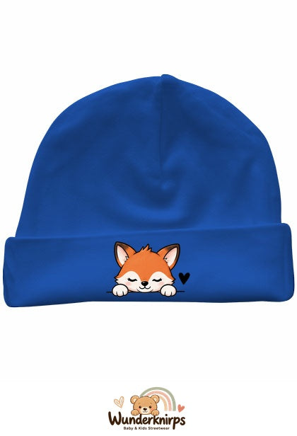 Umschlagmütze Rox-01 in Royalblau mit Motiv Fuchs mit Herz
