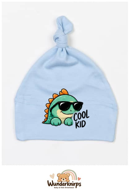 Knotenmütze Babybugz BZ15 in Staubblau mit Motiv Dino Cool Kid