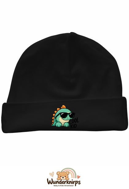 Umschlagmütze Rox-01 in Schwarz mit Motiv Dino Cool Kid