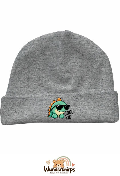 Umschlagmütze Rox-01 in Grau meliert mit Motiv Dino Cool Kid