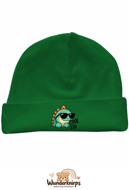 Umschlagmütze Rox-01 in Grün mit Motiv Dino Cool Kid