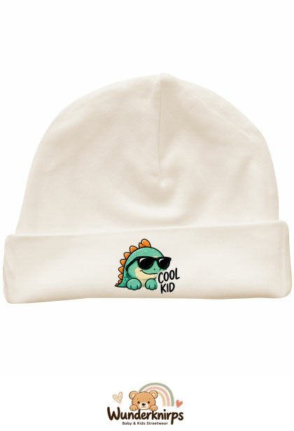 Umschlagmütze Rox-01 in Natur mit Motiv Dino Cool Kid