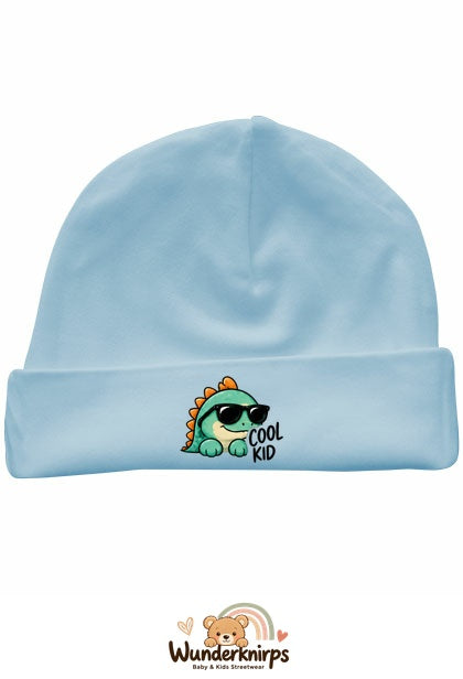 Umschlagmütze Rox-01 in Pastellblau mit Motiv Dino Cool Kid