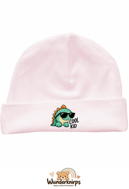 Umschlagmütze Rox-01 in Pastellrosa mit Motiv Dino Cool Kid