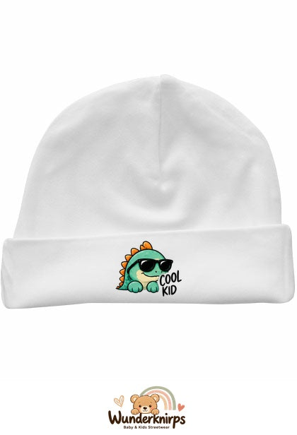 Umschlagmütze Rox-01 in Weiß mit Motiv Dino Cool Kid