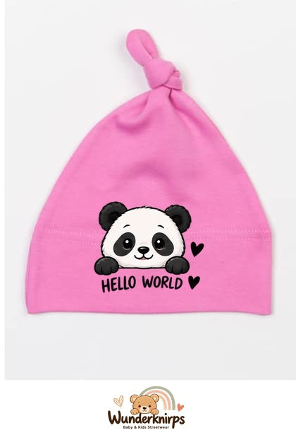 Knotenmütze Babybugz BZ15 in Bubblegum-Pink mit Motiv Panda Hello World