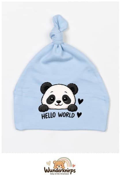Knotenmütze Babybugz BZ15 in Staubblau mit Motiv Panda Hello World