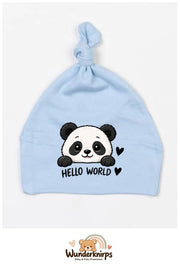 Knotenmütze Babybugz BZ15 in Staubblau mit Motiv Panda Hello World