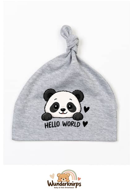 Knotenmütze Babybugz BZ15 in Grau meliert mit Motiv Panda Hello World