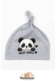 Knotenmütze Babybugz BZ15 in Grau meliert mit Motiv Panda Hello World