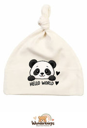 Knotenmütze Babybugz BZ15 in Natur mit Motiv Panda Hello World