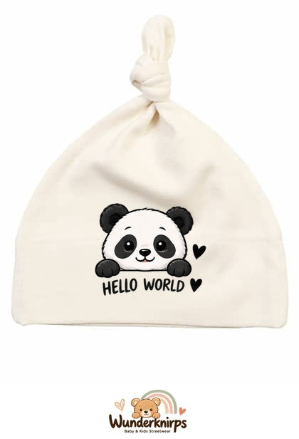 Knotenmütze Babybugz BZ15 in Natur mit Motiv Panda Hello World