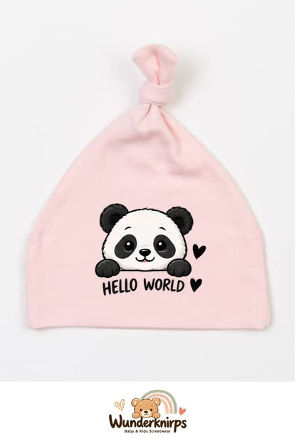 Knotenmütze Babybugz BZ15 in Pastellrosa mit Motiv Panda Hello World