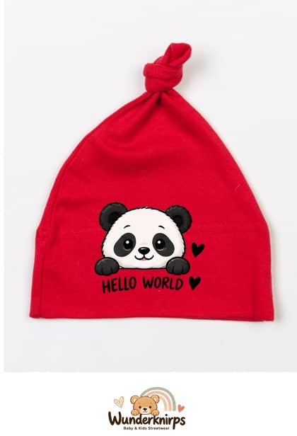 Knotenmütze Babybugz BZ15 in Rot mit Motiv Panda Hello World